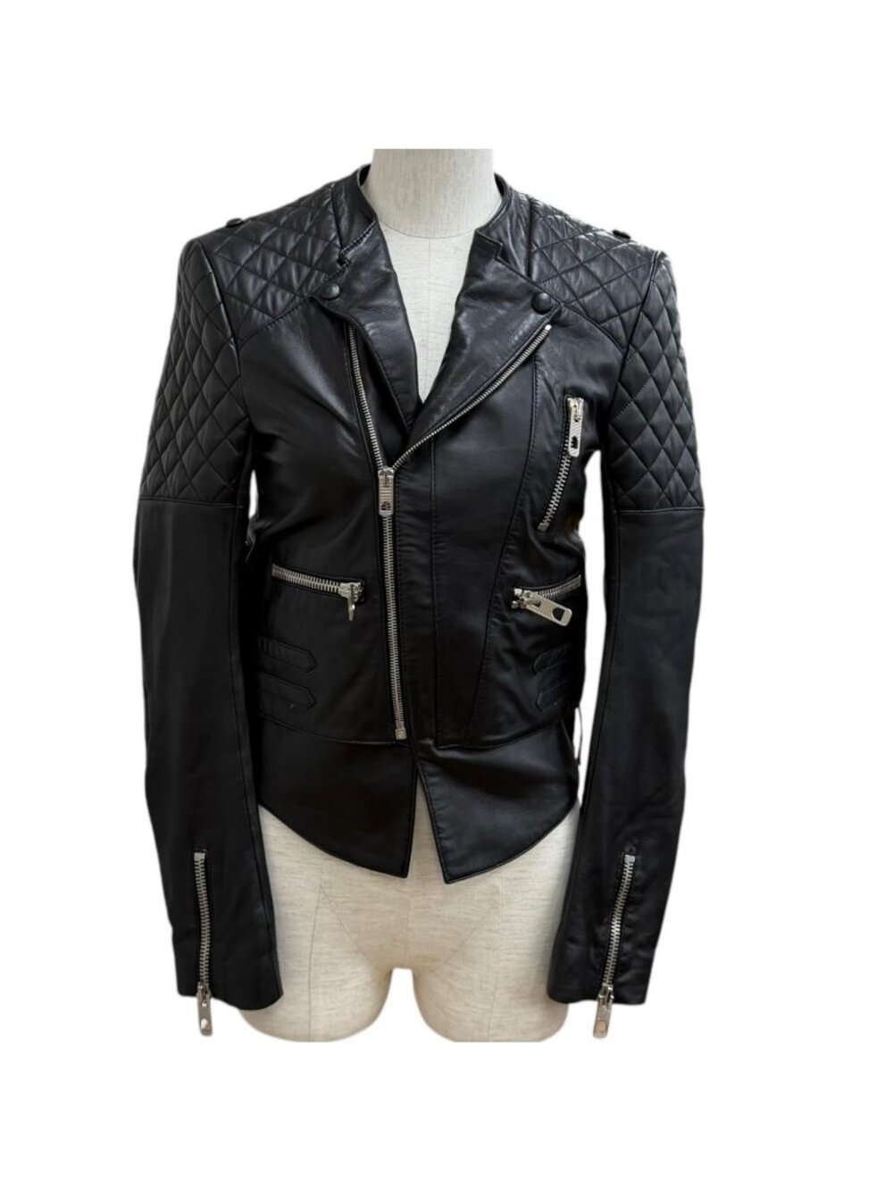 Balenciaga Quilted Design Side Lace-up Leather Rider's Jacket Black 36